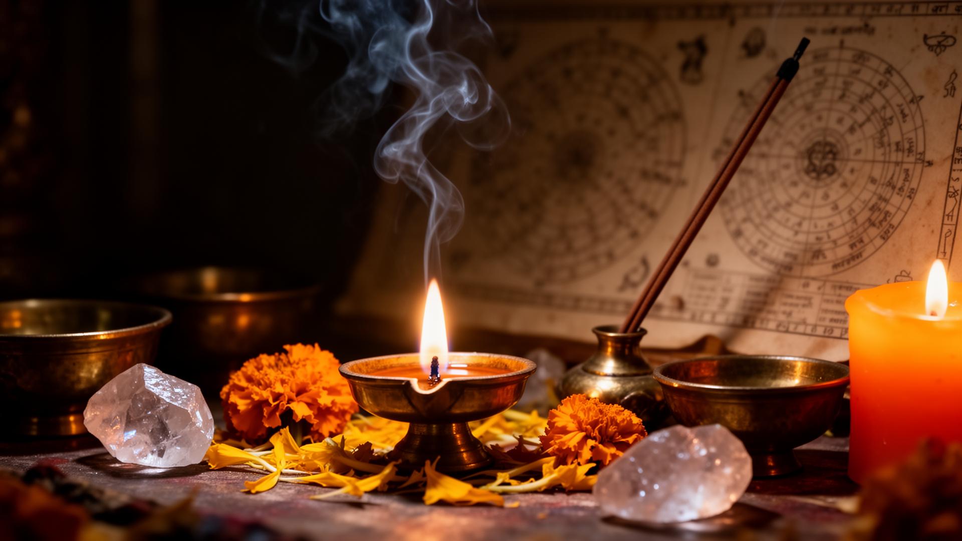 Traditional Indian spiritual altar with diya, crystals and astrology chart
