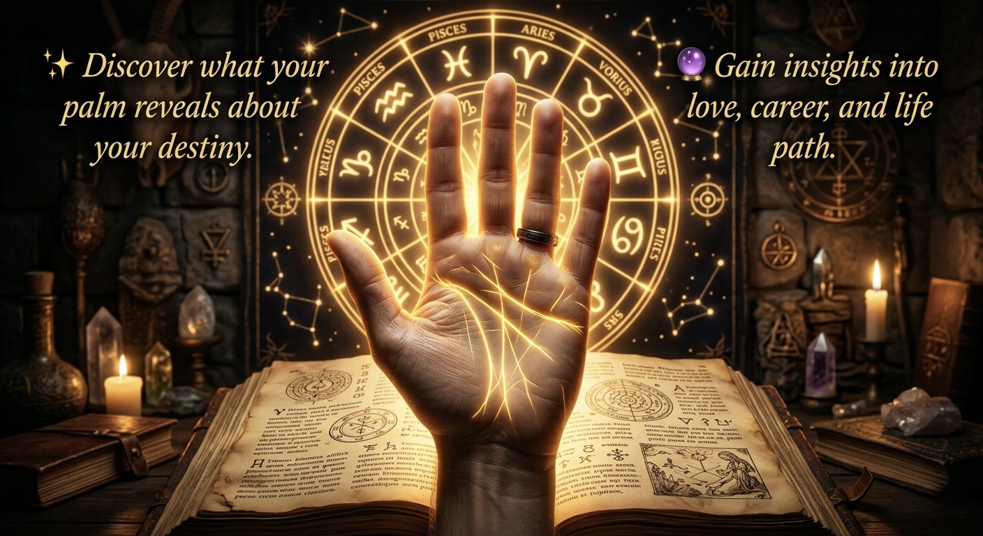 Open palm with gold-highlighted lines and henna patterns — Indian palm reading